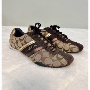 COACH Jayme Signature Canvas Shoes Brown/Gold Women’s 8M Suede Tennis Shoe